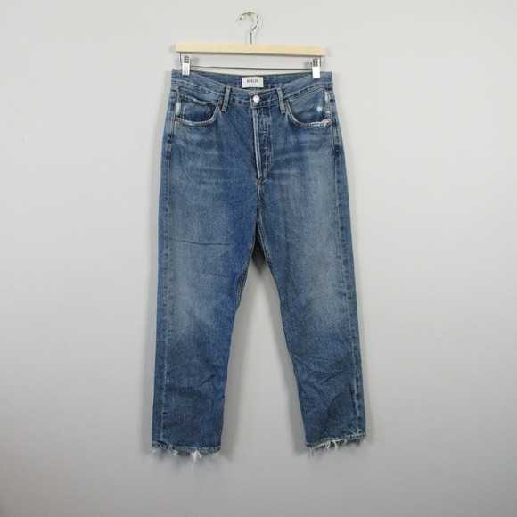 Agolde Riley High Rise Straight Crop Jeans Women 29 Blue Denim Distressed 588 - Picture 1 of 12